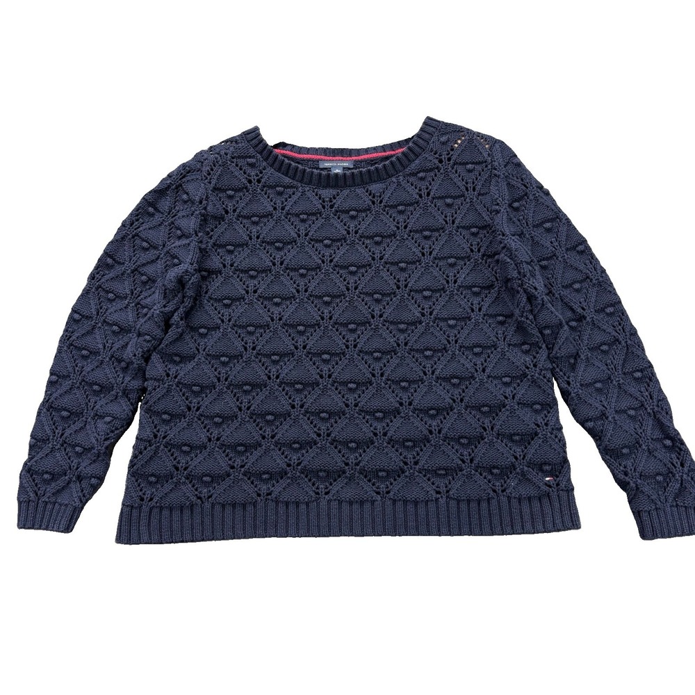 Tommy Hilfiger Crochet Sweater Womens XL Navy Blue Knit Textured Long Sleeves